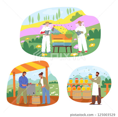 Honey production scene with happy apiarists beekeeping harvesting natural product at local farm Honey production scene with happy apiarists beekeeping harvesting natural product at local farm 125003529