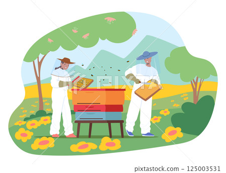 Man and woman apiarists cartoon characters gathering honey harvest working at agricultural field 125003531