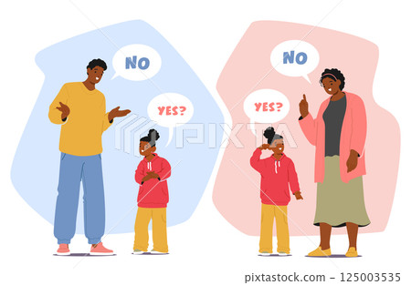Divorced mom and dad having common thought to joint parenting and custody activity cartoon scene 125003535