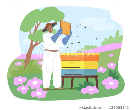 Man beekeeper cartoon character gathering honey holding wax frame with bees and sweet product 125003542