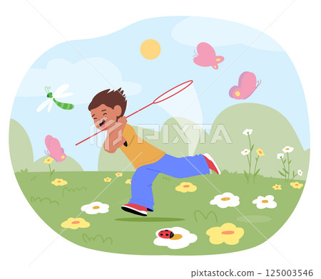 Laughing happily boy child running fast chasing insects with net trying to catch flying bug scene 125003546