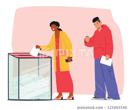 Diverse people cartoon characters voting at election station putting bulletin form into vote box 125003548