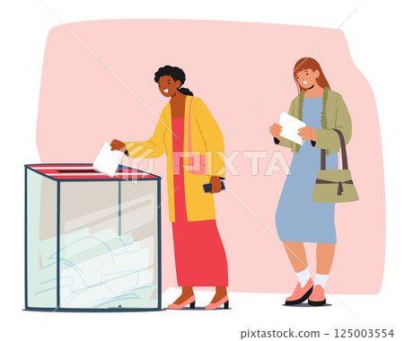 Happy women cartoon characters voting and choosing candidate putting paper ballot into box scene 125003554