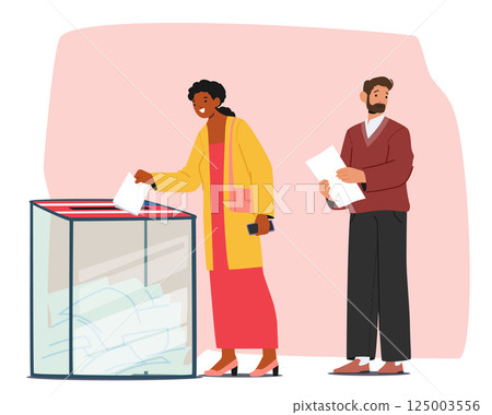 Happy woman putting voting ballot into election box, uncertain worried man holding questionnaire 125003556
