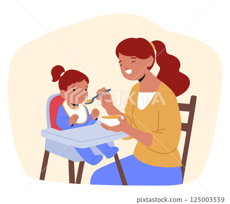 Cheerful mother feeding innocent daughter with baby meal feeling adoration and pleasure scene 125003559