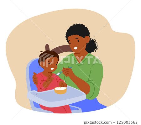 Mother feeding kid, little son eating food with appetence while sitting at baby chair cartoon scene 125003562