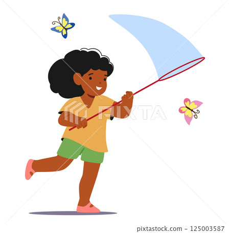 African American girl kid cartoon character running with net catching butterflies isolated on white African American girl kid cartoon character running with net catching butterflies isolated on white 125003587