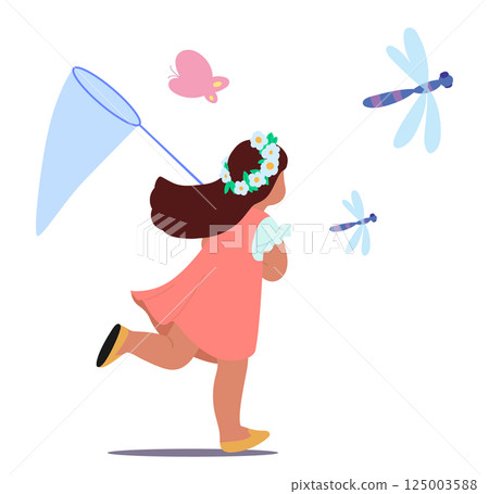 Cute little girl child cartoon character with net running to catch flying insects isolated on white 125003588