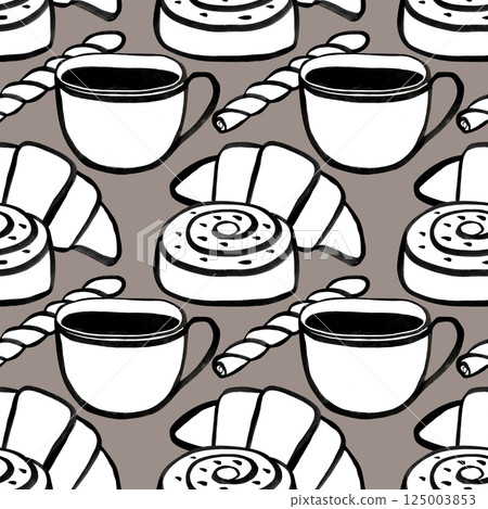 Fresh coffee, cups and buns with croissant on the table, seamless pattern linear drawing for menu, fabric and your brand. 125003853