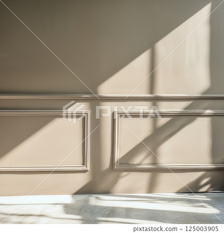 Blank white painted wall with elegant classic paneling, realistic empty home apartment interior, wall mockup for wallpaper or artwork placement 125003905