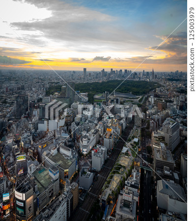 Views of Tokyo from Shibuya Sky rooftop at sunset, in Shibuya, Tokyo, Japan 125003979