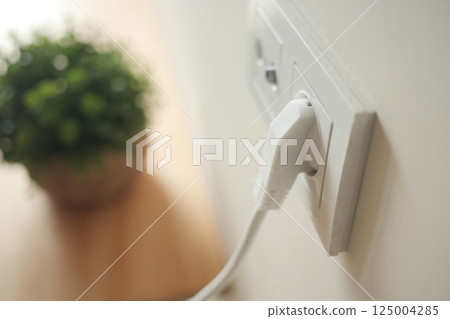 Wall socket with plugged-in electric cord near green plant Wall socket with plugged-in electric cord near green plant 125004285