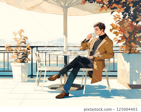 秋葉繽紛的日子,一位男士在露天咖啡館喝咖啡 秋葉繽紛的日子,一位男士在露天咖啡館喝咖啡 125004401