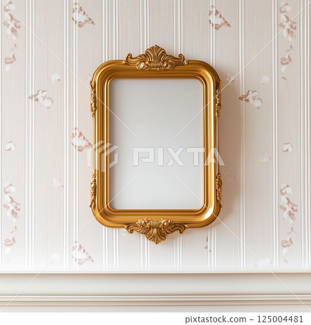 Ornate vintage artwork frame mockup, blank empty classic painting frame on the wall, closeup shot 125004481