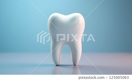Large white tooth sculpture on a smooth surface with a calm blue background reflecting dental health concepts 125005063