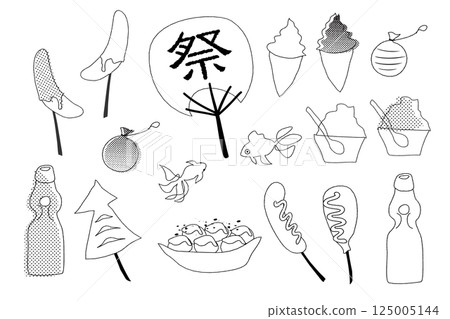 Summer festival food stalls Cute touch hand-drawn style black and white illustration PNG White background material Summer festival food stalls Cute touch hand-drawn style black and white illustration PNG White background material 125005144
