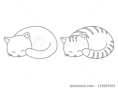 Set of illustrations of cats sleeping curled up_Line drawing 125005303