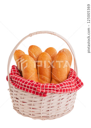 Baguettes in a white basket isolate on a white background. Food, baguette. 125005369