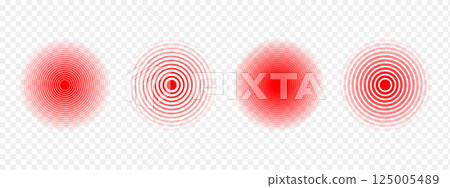 Red concentric circles. Pain localization icons. Sore, ache or inflammation symbols. Pulse or vibration signs. Radar or sound wave pictograms isolated on transparent background. Vector illustration 125005489