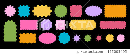 Set of colorful arch, rectangle and square, oval, star and circle shapes with curvy edges. Geometric forms with scalloped borders. Empty textboxes, stamps, tags or labels. Vector flat illustration Set of colorful arch, rectangle and square, oval, star and circle shapes with curvy edges. Geometric forms with scalloped borders. Empty textboxes, stamps, tags or labels. Vector flat illustration 125005495