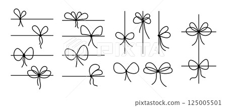 Bow ribbons for gifts. Set of strips with coquette knots in linear style for present boxes, packages, festive cards or banners isolated on white background. Vector graphic illustration 125005501