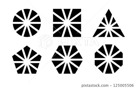 Geometric shapes divided into 10 segments isolated on white background. Round, square and triangle, pentagon, hexagon and octagon diagrams or charts cut in ten slices. Vector graphic illustration Geometric shapes divided into 10 segments isolated on white background. Round, square and triangle, pentagon, hexagon and octagon diagrams or charts cut in ten slices. Vector graphic illustration 125005506