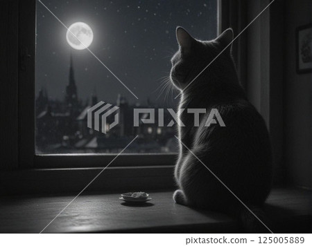 夜晚餐廳裡的孤獨貓咪 → 窗邊望月的黑白貓咪(有點憂鬱)1 夜晚餐廳裡的孤獨貓咪 → 窗邊望月的黑白貓咪(有點憂鬱)1 125005889