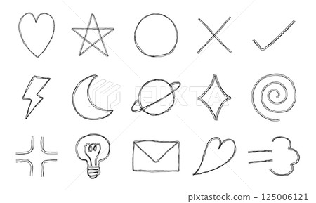 各種形狀的手繪線圖示單色向量插圖集，有多條重疊線 125006121
