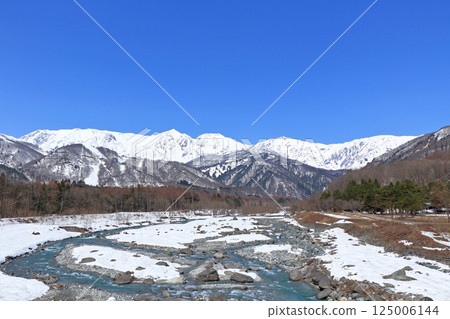 The Hakuba Sanzan mountains in early spring as seen from Hakuba Ohashi Bridge 125006144