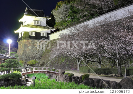 [Nagasaki Prefecture] Omura Park's wooden turret and cherry blossoms in full bloom at night (Kujima Castle) 125006173