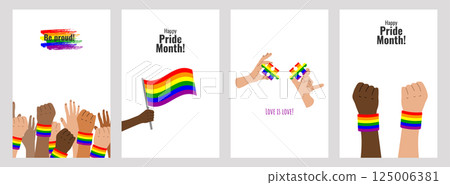 LGBT Pride Month set of colorful poster. Hand puzzle flag. Symbol LGBT pride community. Rainbow elements. Banner design cover magazine, layout, brochure, flyer. Vector illustration. LGBT Pride Month set of colorful poster. Hand puzzle flag. Symbol LGBT pride community. Rainbow elements. Banner design cover magazine, layout, brochure, flyer. Vector illustration. 125006381