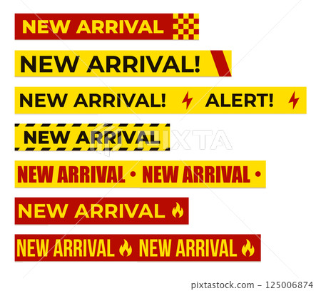 New Arrival And Alert Sale Labels In Red And Yellow Warning Style For Promotion, Marketing, Advertising, Store Announcement, Discount Banner Design. Vector Illustration. 125006874