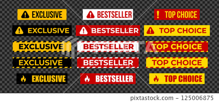 Exclusive, Bestseller And Top Choice Labels In Warning Style For Promotion, Marketing, Advertising, Product Highlight, Sale, Retail, Shopping Banner Design. Vector Illustration. 125006875