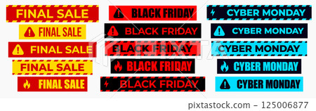 Final Sale, Black Friday And Cyber Monday Labels In Warning Style For Promotion, Marketing, Advertising, Discount, Ecommerce, Special Offer, Shopping Banner Design. Vector Illustration. Final Sale, Black Friday And Cyber Monday Labels In Warning Style For Promotion, Marketing, Advertising, Discount, Ecommerce, Special Offer, Shopping Banner Design. Vector Illustration. 125006877