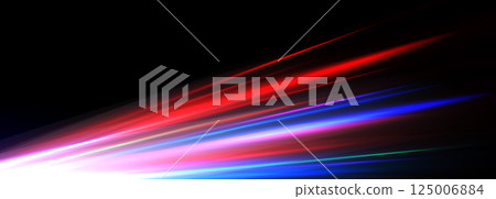 Speed Light Lines Background, Flare With Red, Blue, Pink, Green Neon Glow On Dark Gradient. Futuristic Energy Motion Effect For Technology, Gaming, Or Abstract Design. Vector Illustration 125006884