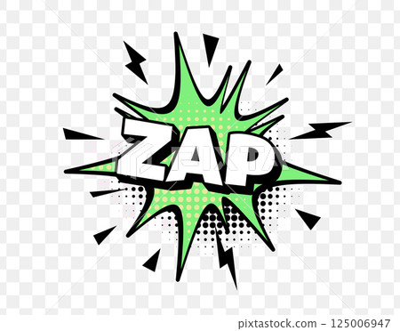 Comic Style Zap Text in Green Explosion with Halftone Dots and Bold Font, Ideal for Pop Art Effects, Superhero Action Sounds, and Fun Designs. Energetic and Vibrant. Vector Illustration 125006947