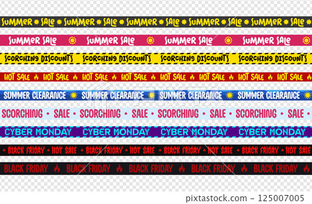 Seasonal Sale Tape Collection with Bold Promo Text and Colorful Backgrounds. Perfect for Summer Sale, Black Friday, Cyber Monday, Clearance Events and Marketing Design. Vector Illustration Seasonal Sale Tape Collection with Bold Promo Text and Colorful Backgrounds. Perfect for Summer Sale, Black Friday, Cyber Monday, Clearance Events and Marketing Design. Vector Illustration 125007005