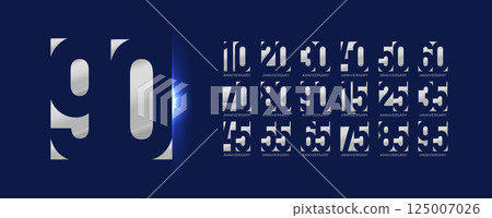 Silver chrome business anniversary jubilee celebration numbers. Elegant metallic digits for milestone years, corporate events, award branding. Modern professional style. Vector illustration Silver chrome business anniversary jubilee celebration numbers. Elegant metallic digits for milestone years, corporate events, award branding. Modern professional style. Vector illustration 125007026