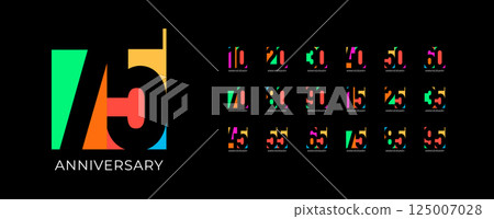 Bright modern birthday anniversary jubilee numbers in pop style. Colorful geometric digits for celebration events, youth branding, milestone years. Fun bold vector illustration 125007028