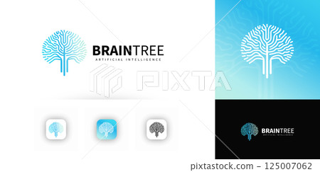 Brain tree symbol. Neural connections, growth. Abstract technology, intelligence concept. Minimalist geometric design, digital innovation. Vector illustration. 125007062