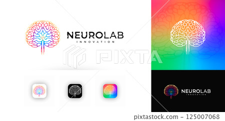 Gradient brain tree logo with neural pathways and spinal cord. Symbol of intelligence, science, innovation, technology. Abstract digital design for branding, apps, UI. Vector illustration 125007068