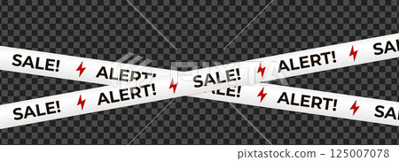 White crossed tape with SALE ALERT text, red lightning bolt symbols create urgency, electric energy, discount vibe. Retail marketing banner, ecommerce promo graphic. Vector illustration White crossed tape with SALE ALERT text, red lightning bolt symbols create urgency, electric energy, discount vibe. Retail marketing banner, ecommerce promo graphic. Vector illustration 125007078