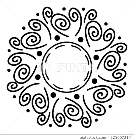 Hand drawn sun with swirling beams in doodle style. Abstract sun with curved lines and decorative twirls isolated on white background. Concept of sun as warmth, energy and creativity in artistic ink Hand drawn sun with swirling beams in doodle style. Abstract sun with curved lines and decorative twirls isolated on white background. Concept of sun as warmth, energy and creativity in artistic ink 125007214