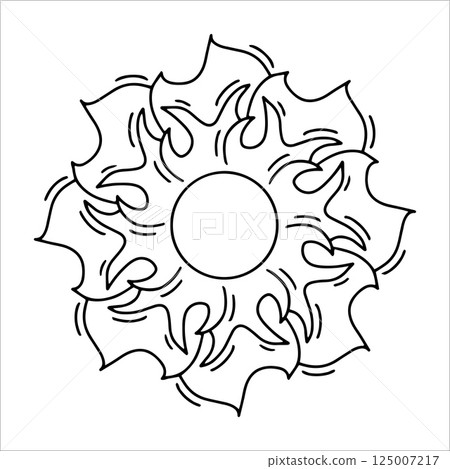 Hand drawn sun with floral waves in doodle style. Abstract sun with petal-like beams and swirling lines isolated on white background. Concept - sun as energy, nature and organic harmony. Outline sun 125007217
