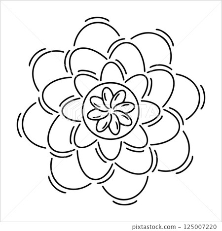 Hand drawn sun with daisy flower petals in doodle style. Abstract sun with floral elements isolated on white background. Concept of sun as nature, warmth, and energy in artistic line art. Ink sun 125007220