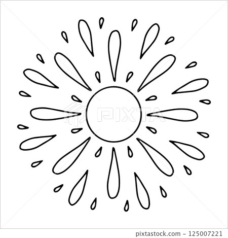 Hand drawn sun with drop shaped beams in doodle style. Abstract sun with rain, arrow elements isolated on white background. Concept of sun as energy, weather, and nature in artistic line art. Splash 125007221