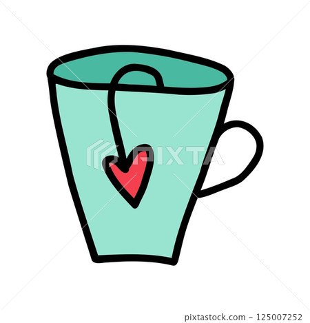 Blue cup with heart on tea bag tip in doodle style isolated on white background. Hand drawn cute cup for Valentine's Day, weddings. Concept: love, warmth with charming cup design for special moments 125007252