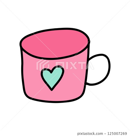 Hand drawn cute cup with heart in doodle style. Adorable cup designed for Valentine's Day, symbolizing love and affection. Perfect for sharing warm moments with a charming cup of joy and love 125007269