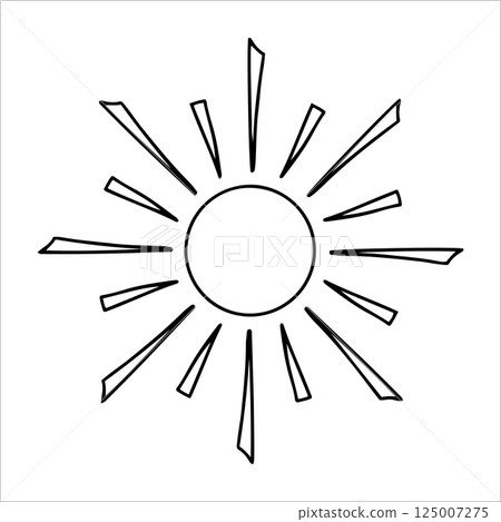 Hand drawn sun with playful beams in doodle style. Cute sun with ink outline and uneven spokes isolated on white background. Concept of sun as kids drawing, warm energy, and creative simplicity Hand drawn sun with playful beams in doodle style. Cute sun with ink outline and uneven spokes isolated on white background. Concept of sun as kids drawing, warm energy, and creative simplicity 125007275