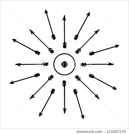 Hand drawn sun with arrows in line art style. Abstract sun with ink outline and radiating arrow strokes isolated on white background. Concept - sun energy, direction, movement in artistic design 125007276